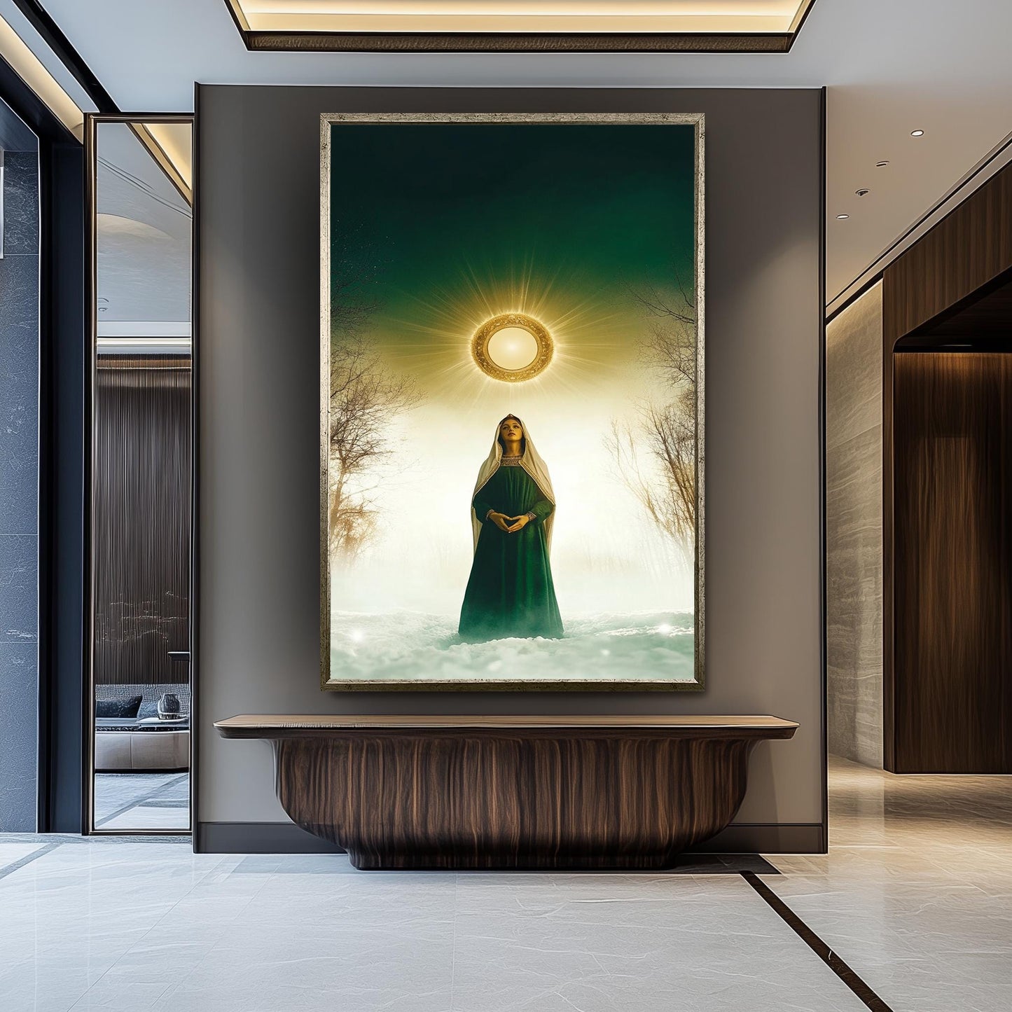 Mystical Virgin Mary Wall Art in Green Robe with Radiant Halo and Snowy Forest, Sacred Christian Canvas Print for Faithful Home Decor