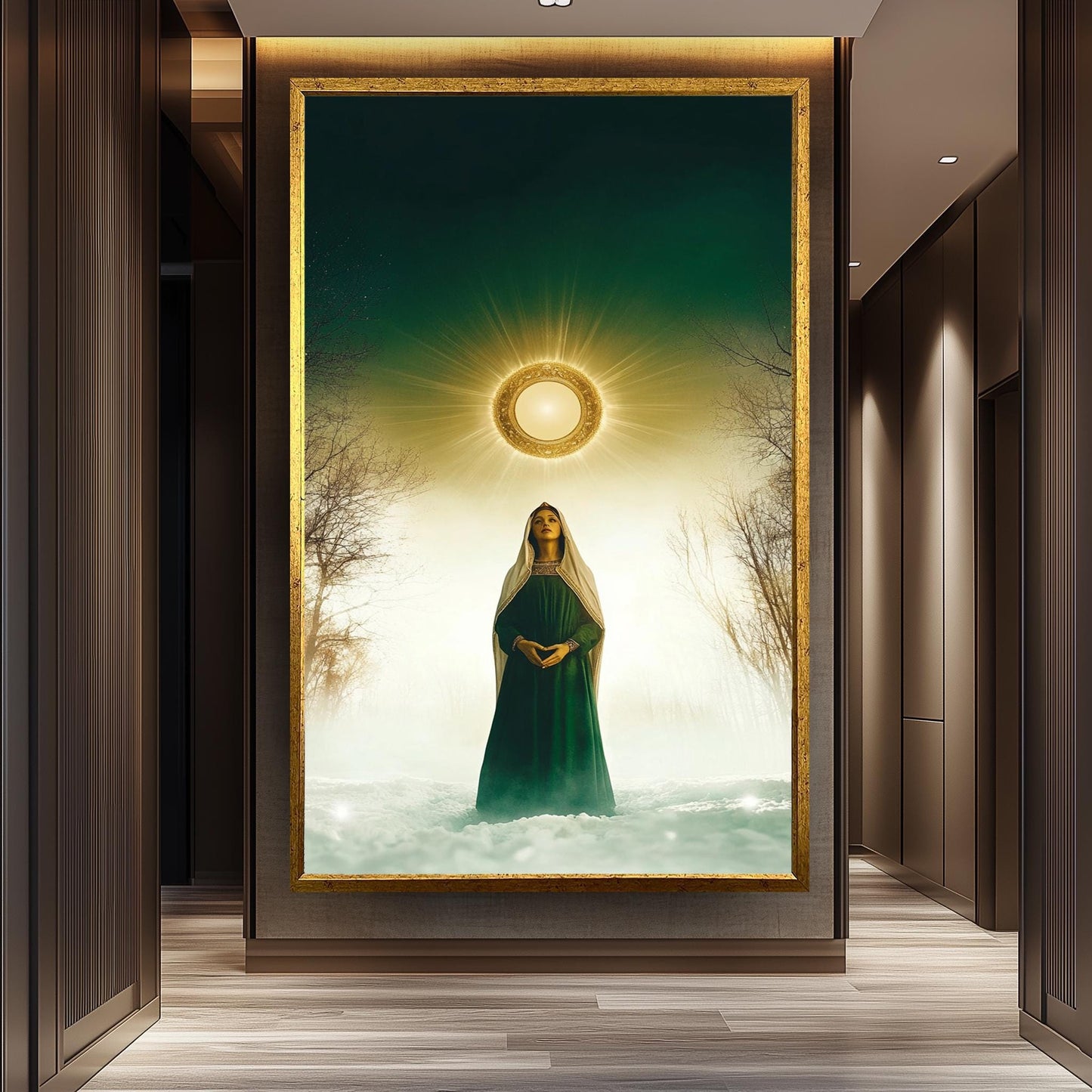 Mystical Virgin Mary Wall Art in Green Robe with Radiant Halo and Snowy Forest, Sacred Christian Canvas Print for Faithful Home Decor