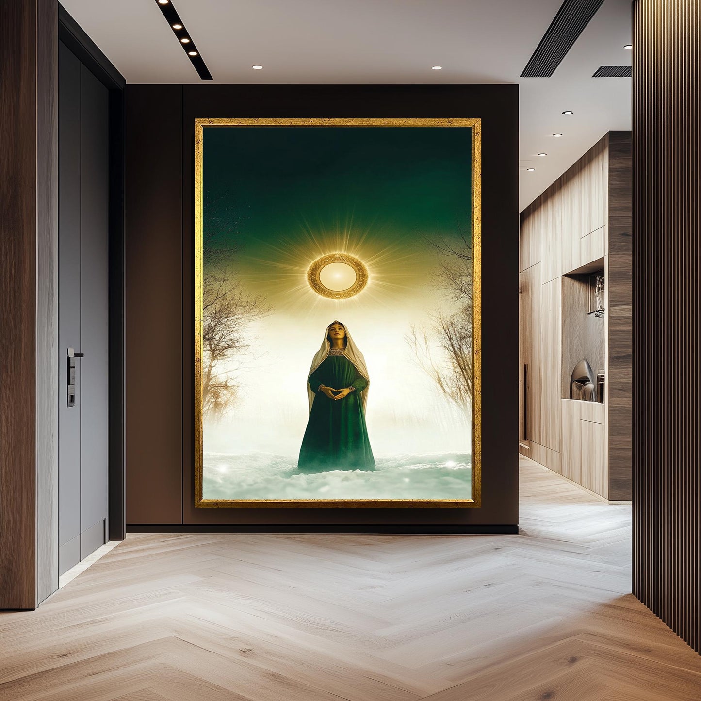 Mystical Virgin Mary Wall Art in Green Robe with Radiant Halo and Snowy Forest, Sacred Christian Canvas Print for Faithful Home Decor