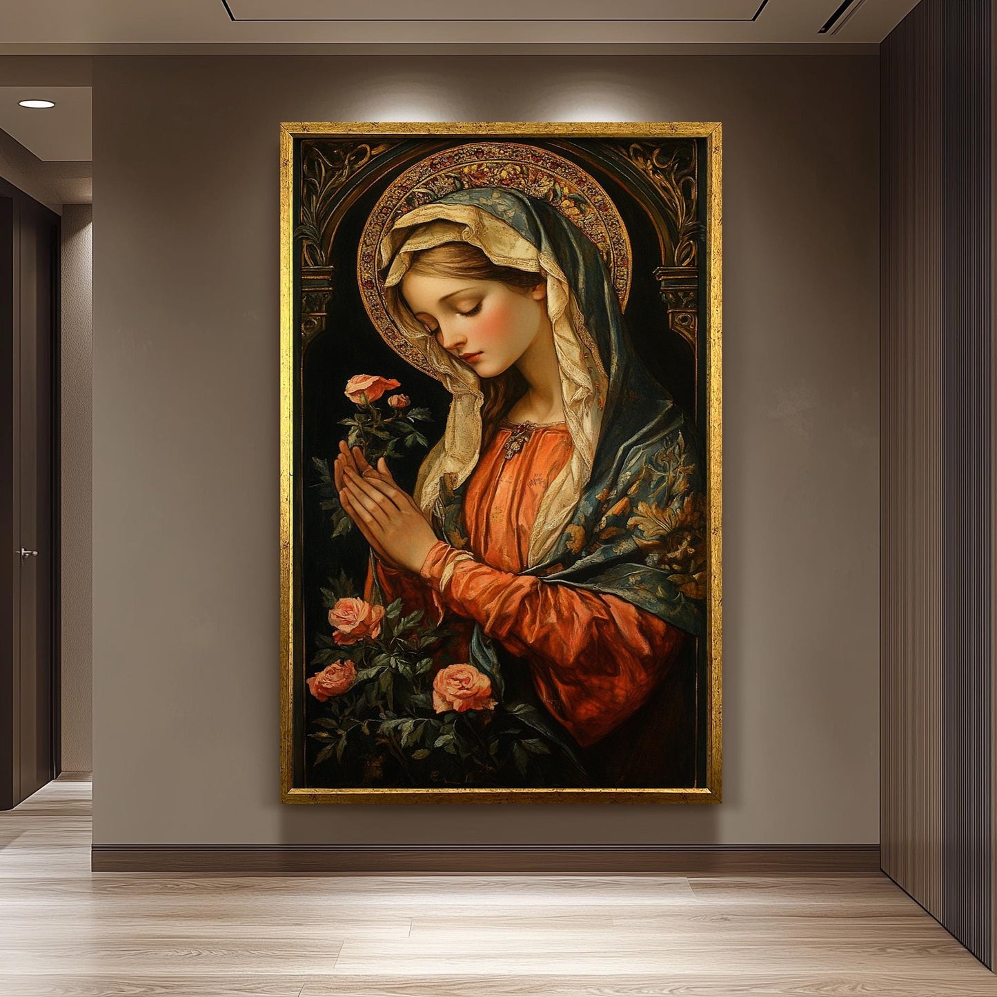 Renaissance Virgin Mary Painting with Roses and Golden Halo, Catholic Sacred Art Canvas Print for Religious Home or Prayer Room Decor
