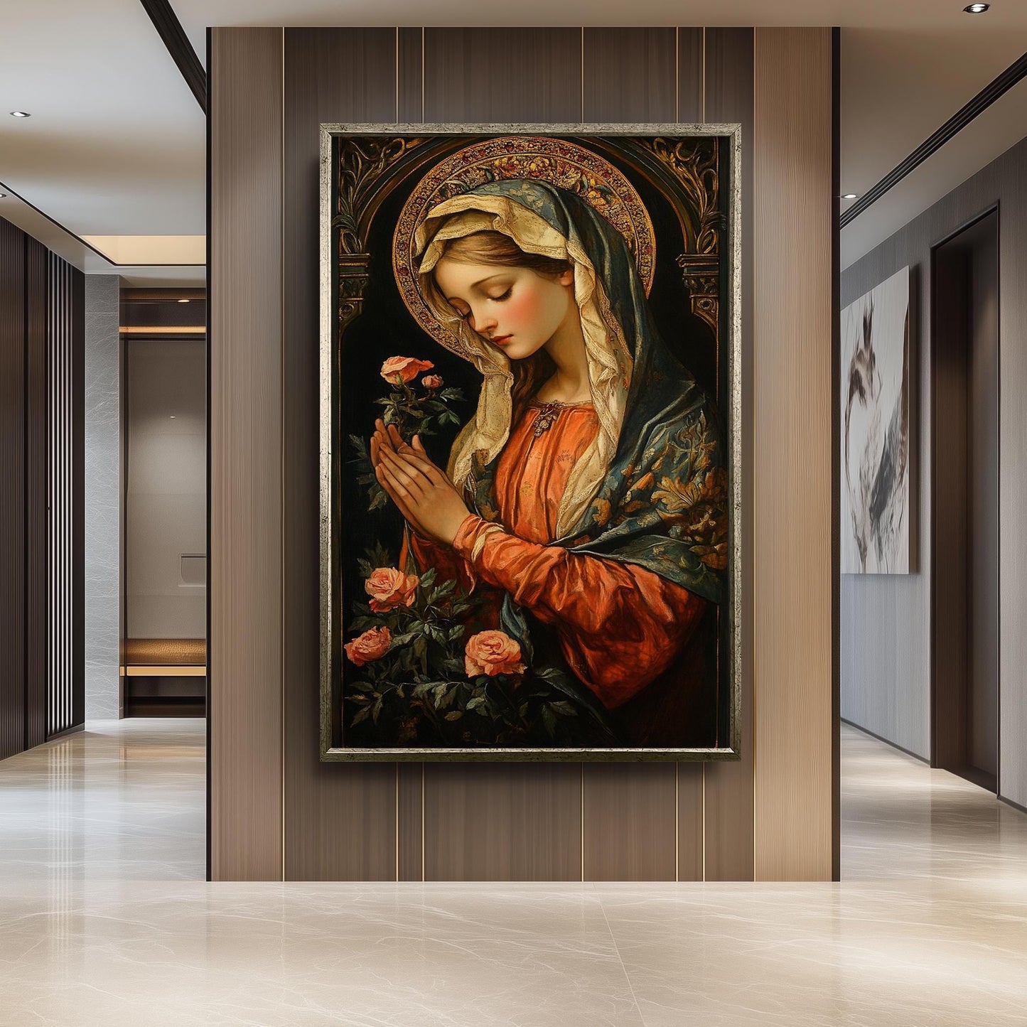 Renaissance Virgin Mary Painting with Roses and Golden Halo, Catholic Sacred Art Canvas Print for Religious Home or Prayer Room Decor