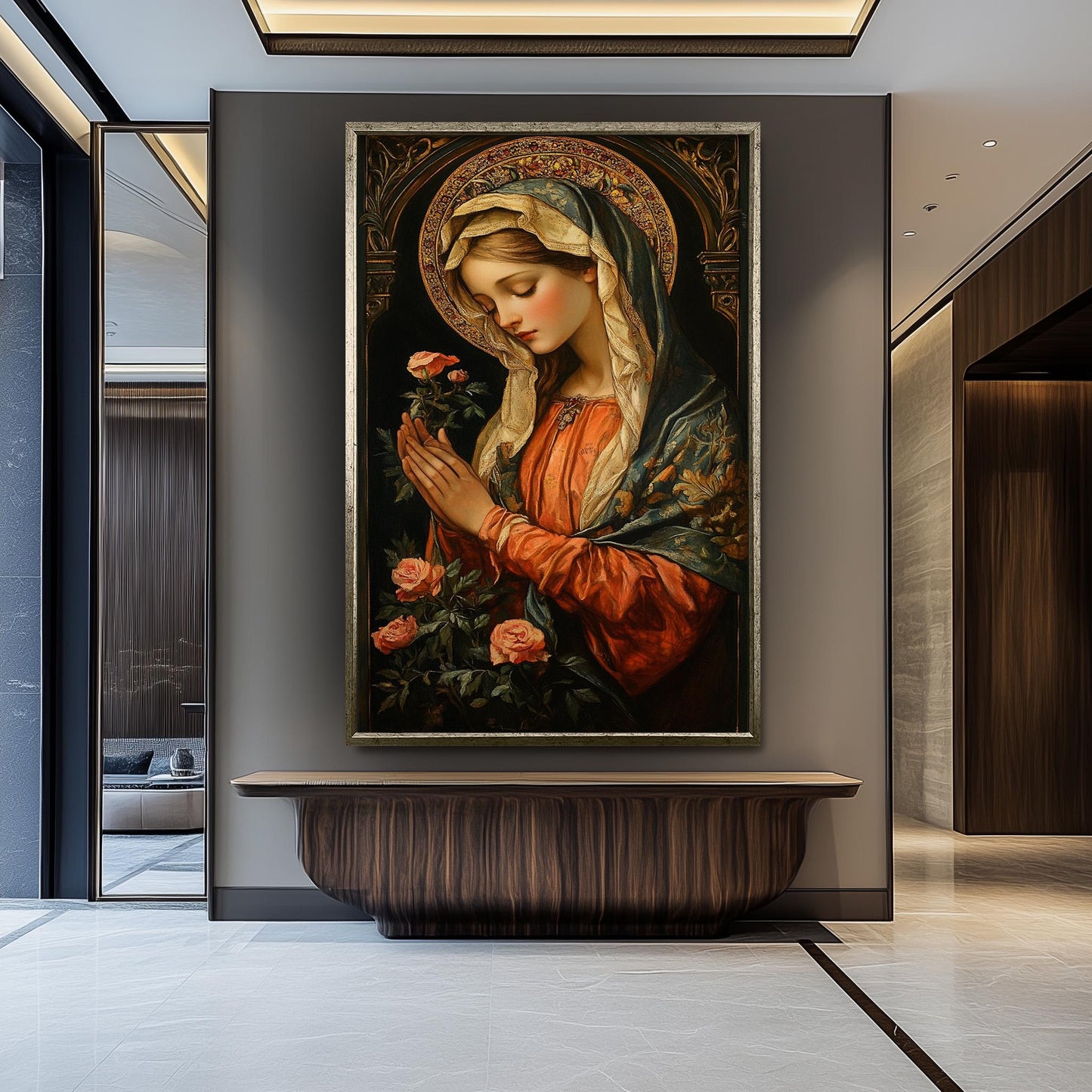 Renaissance Virgin Mary Painting with Roses and Golden Halo, Catholic Sacred Art Canvas Print for Religious Home or Prayer Room Decor