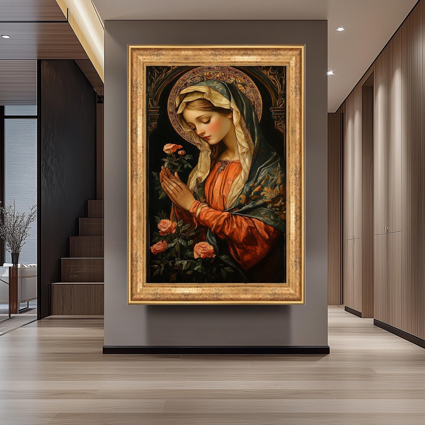 Renaissance Virgin Mary Painting with Roses and Golden Halo, Catholic Sacred Art Canvas Print for Religious Home or Prayer Room Decor