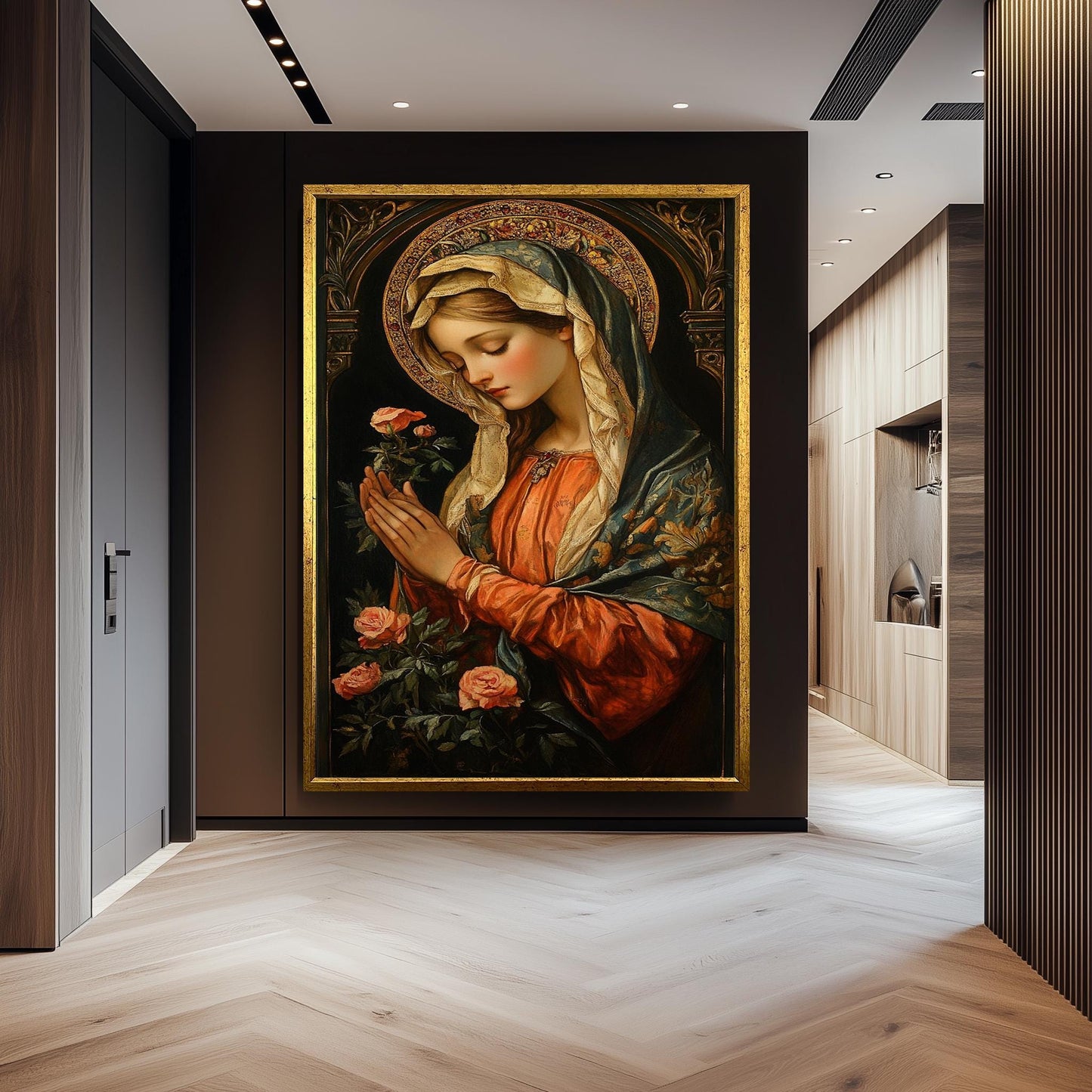 Renaissance Virgin Mary Painting with Roses and Golden Halo, Catholic Sacred Art Canvas Print for Religious Home or Prayer Room Decor