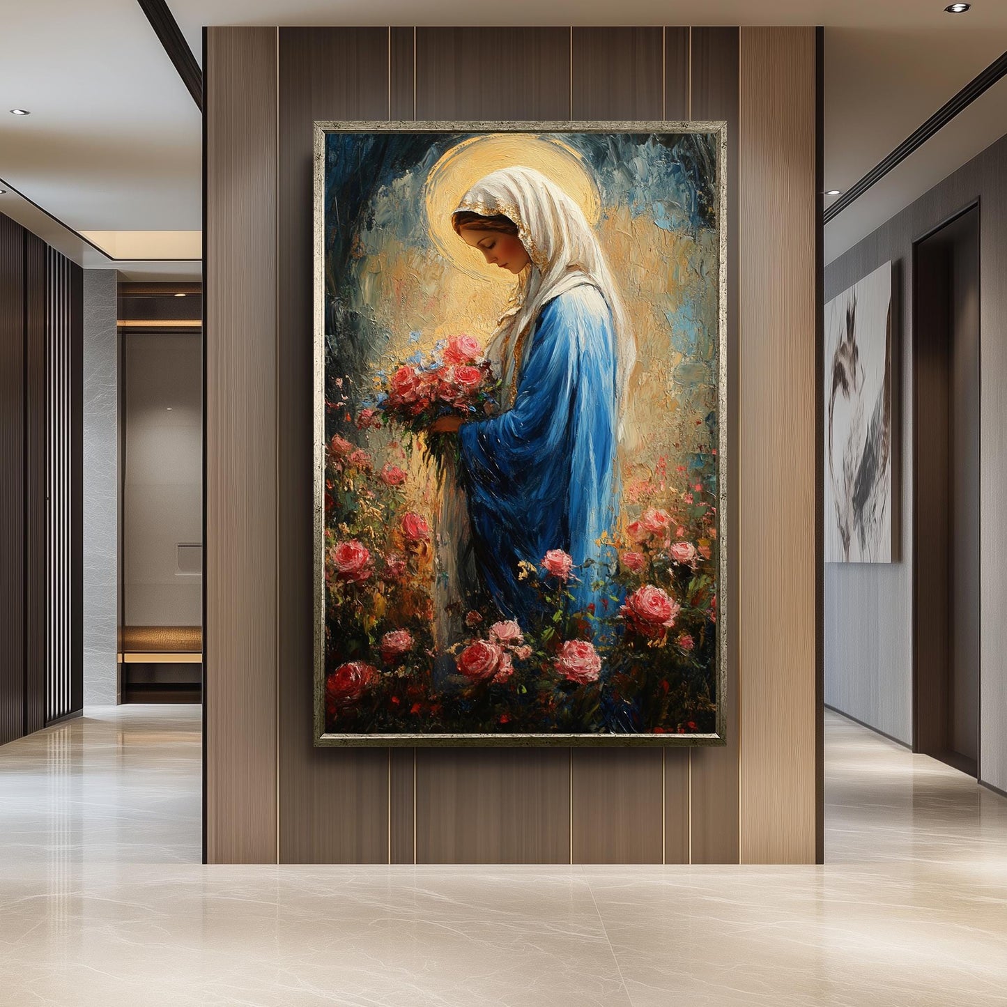 Impressionist Virgin Mary Painting with Pink Roses and Golden Halo, Catholic Floral Canvas Art for Spiritual Home or Chapel Decor