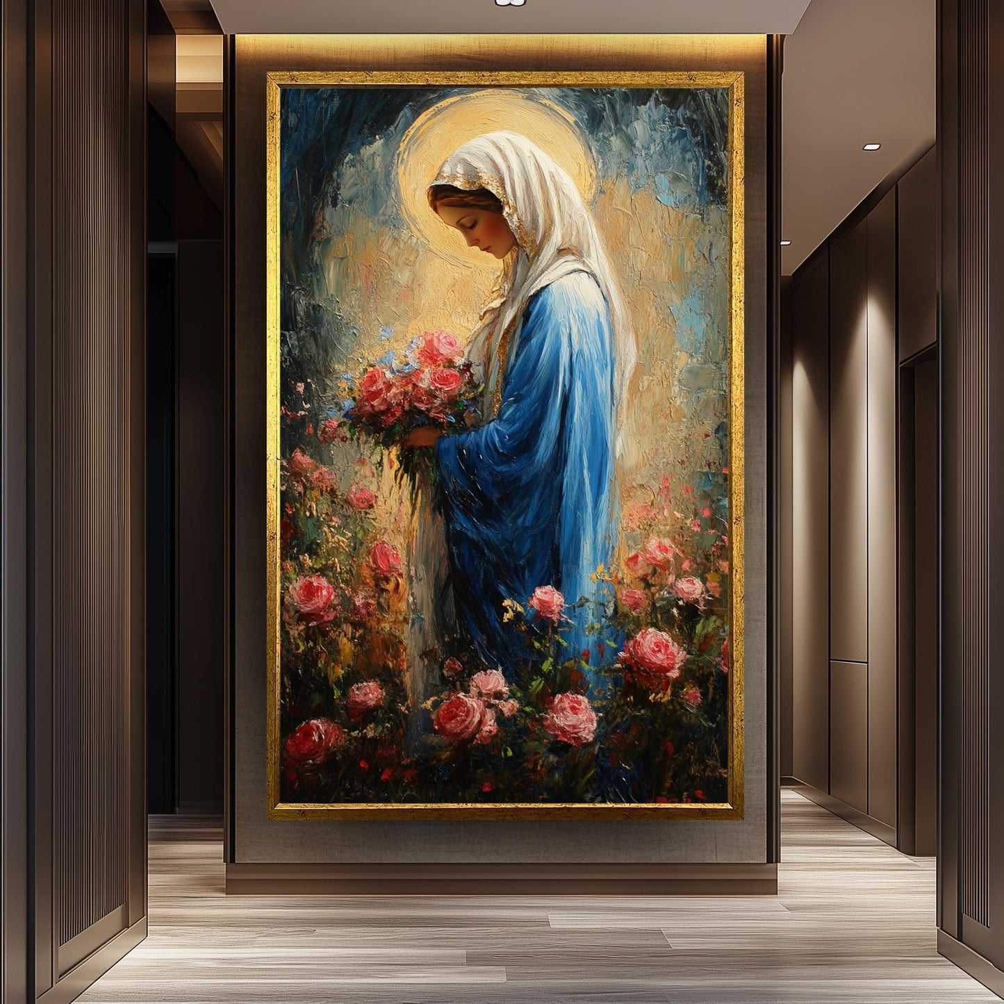 Impressionist Virgin Mary Painting with Pink Roses and Golden Halo, Catholic Floral Canvas Art for Spiritual Home or Chapel Decor