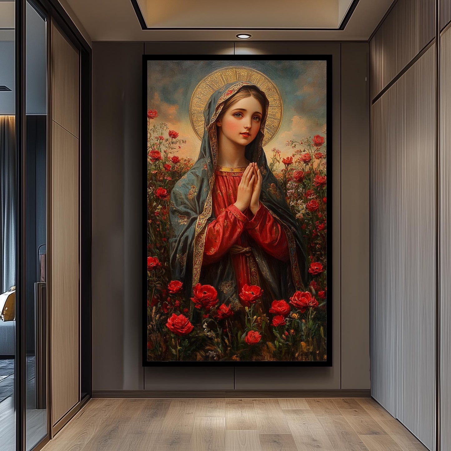 Virgin Mary Canvas Print: Golden Halo, Red Roses, Catholic Art