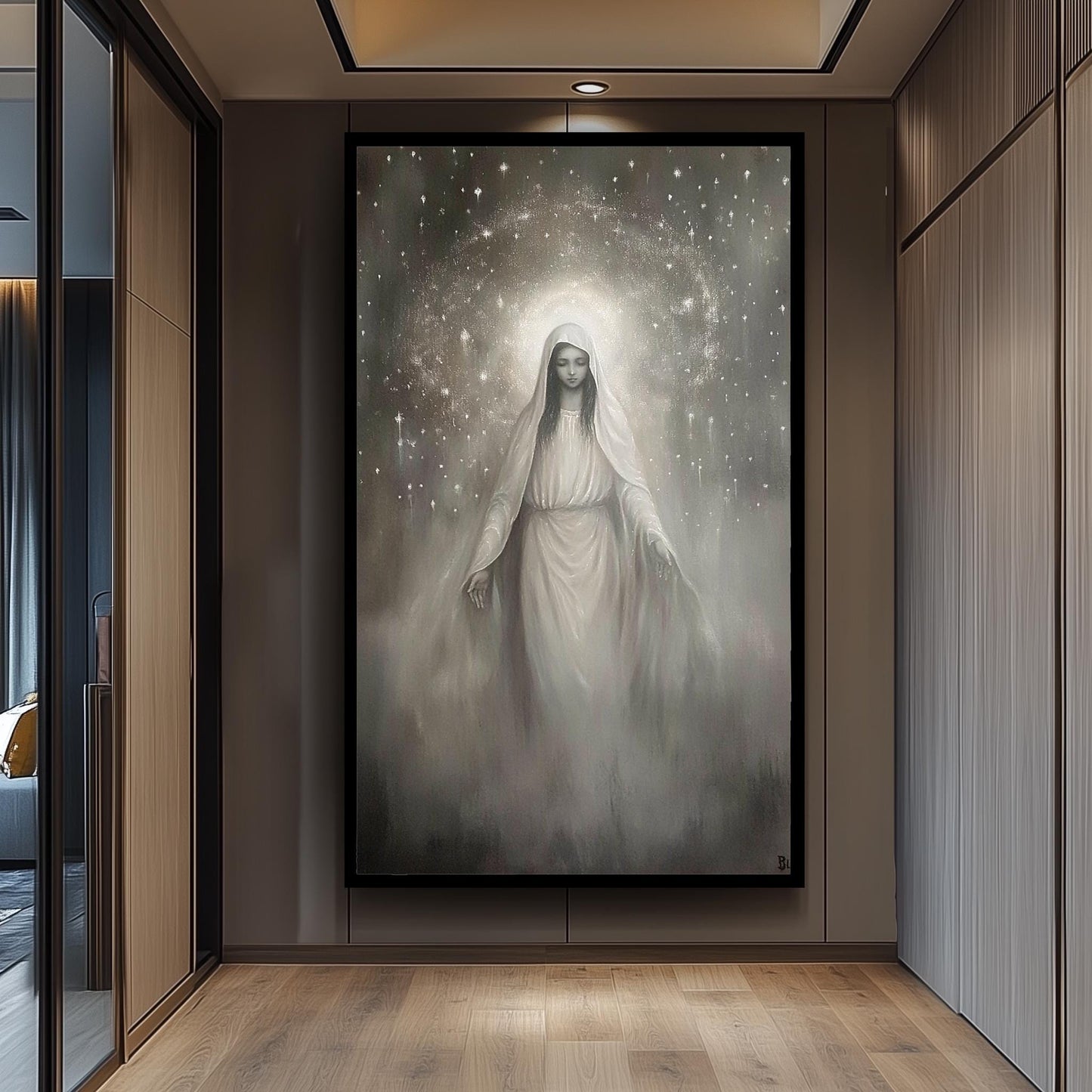 Virgin Mary Canvas Art: Monochrome Celestial Painting