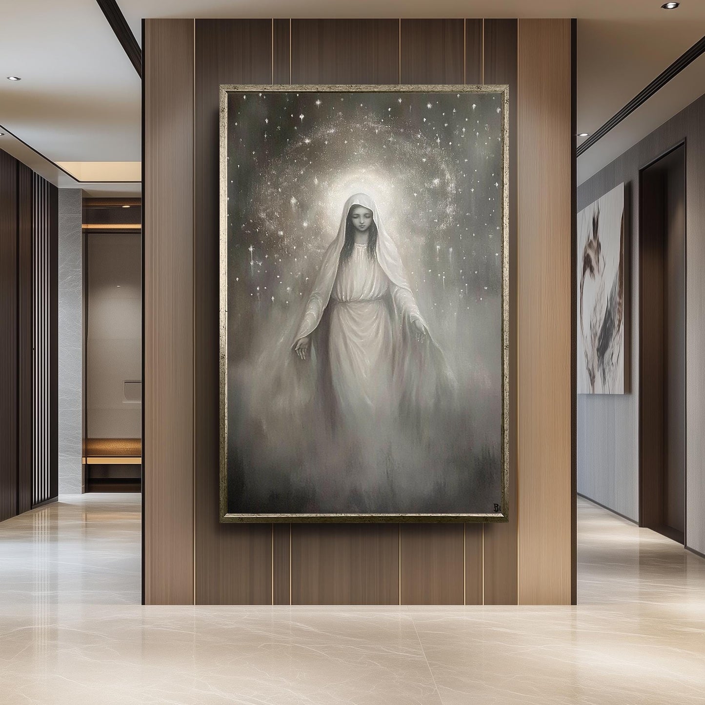Virgin Mary Canvas Art: Monochrome Celestial Painting