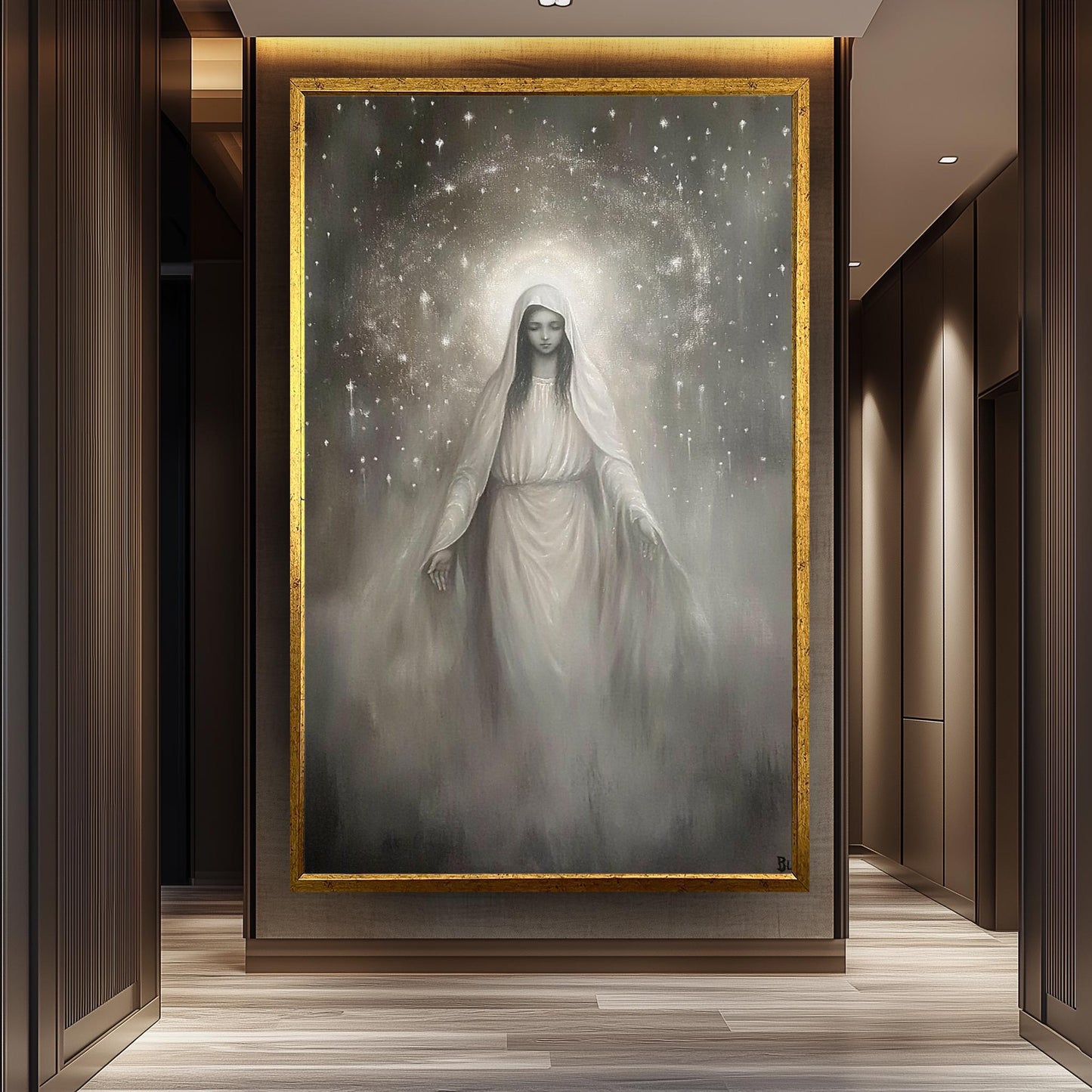 Virgin Mary Canvas Art: Monochrome Celestial Painting
