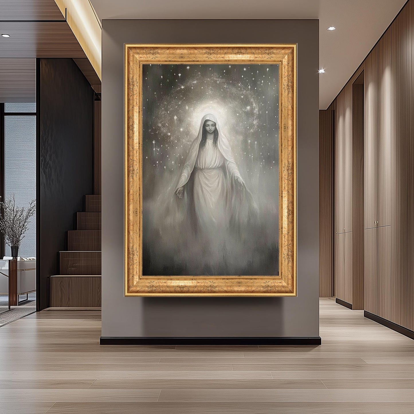 Virgin Mary Canvas Art: Monochrome Celestial Painting