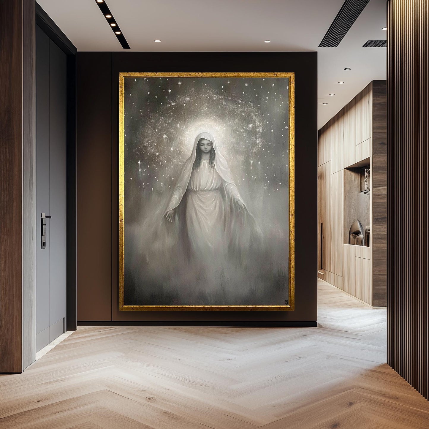 Virgin Mary Canvas Art: Monochrome Celestial Painting