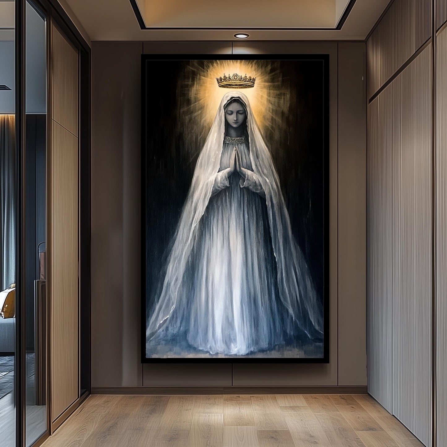 Crowned Virgin Mary Painting in Radiant Light and Flowing White Veil, Catholic Spiritual Canvas Art for Prayer Room or Sacred Home Decor