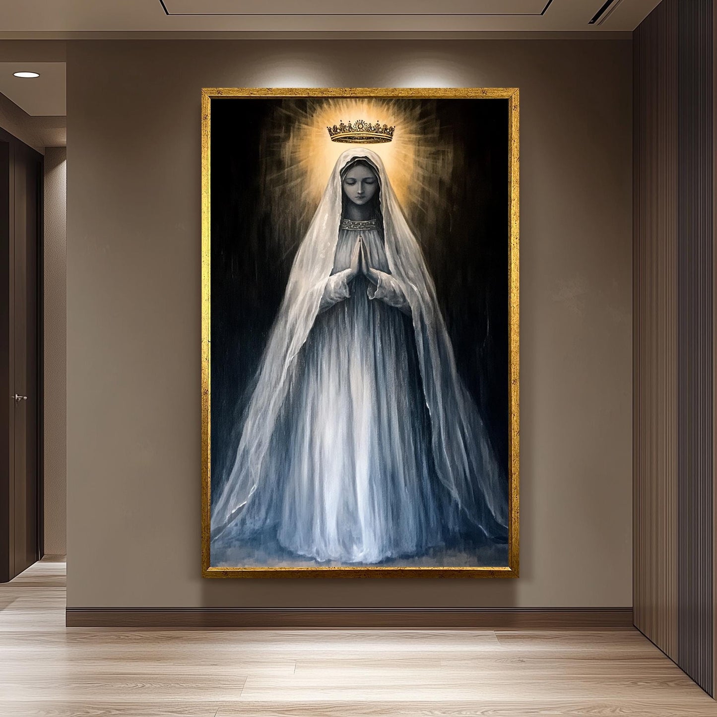 Crowned Virgin Mary Painting in Radiant Light and Flowing White Veil, Catholic Spiritual Canvas Art for Prayer Room or Sacred Home Decor