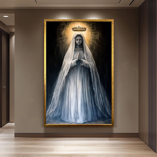 Crowned Virgin Mary Painting in Radiant Light and Flowing White Veil, Catholic Spiritual Canvas Art for Prayer Room or Sacred Home Decor