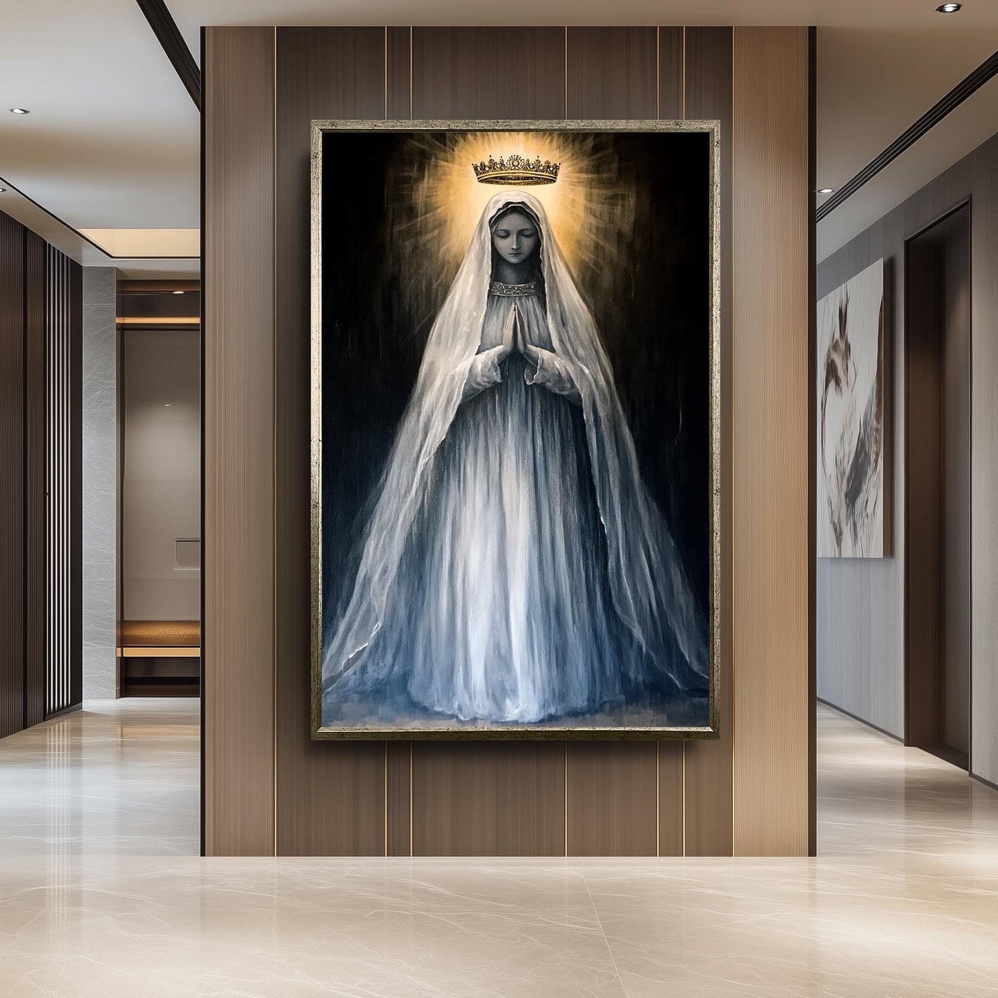 Crowned Virgin Mary Painting in Radiant Light and Flowing White Veil, Catholic Spiritual Canvas Art for Prayer Room or Sacred Home Decor