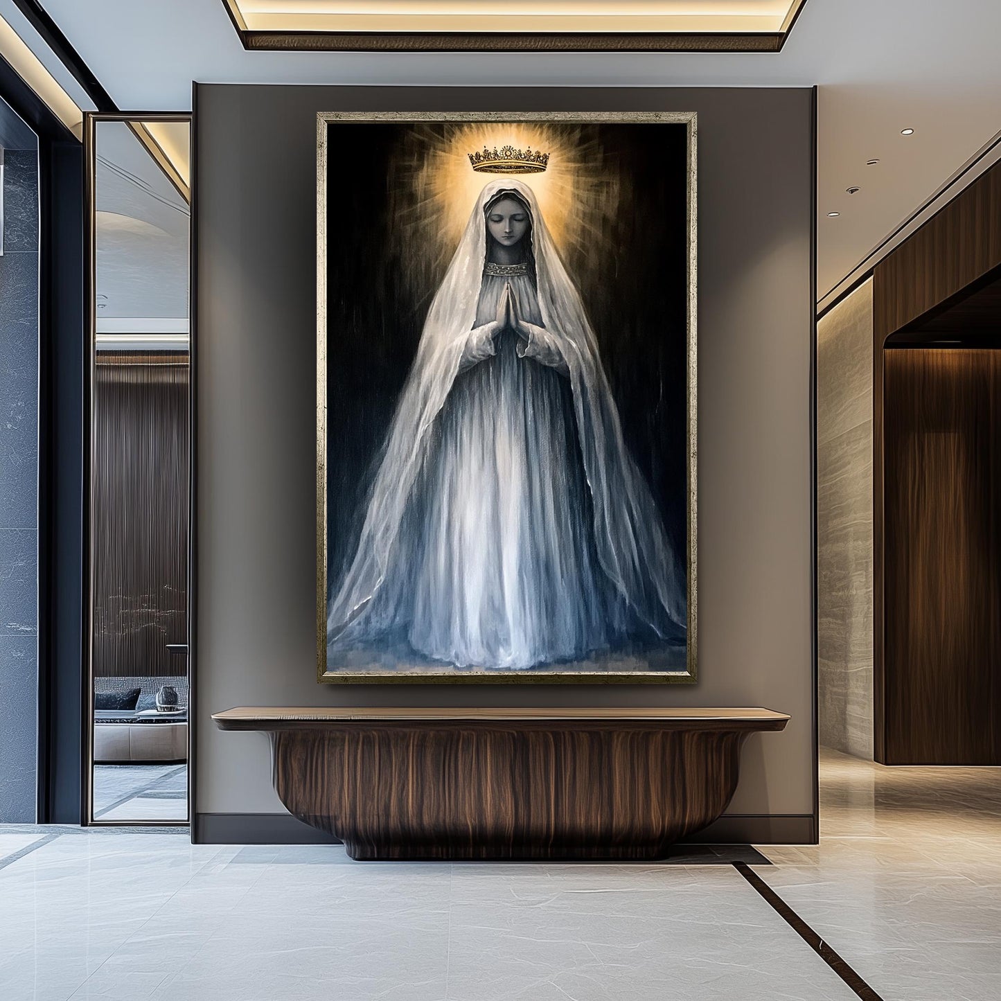Crowned Virgin Mary Painting in Radiant Light and Flowing White Veil, Catholic Spiritual Canvas Art for Prayer Room or Sacred Home Decor