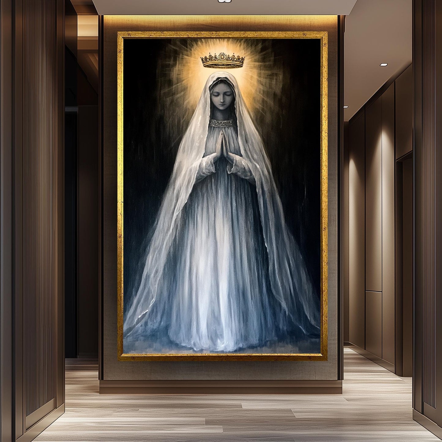 Crowned Virgin Mary Painting in Radiant Light and Flowing White Veil, Catholic Spiritual Canvas Art for Prayer Room or Sacred Home Decor