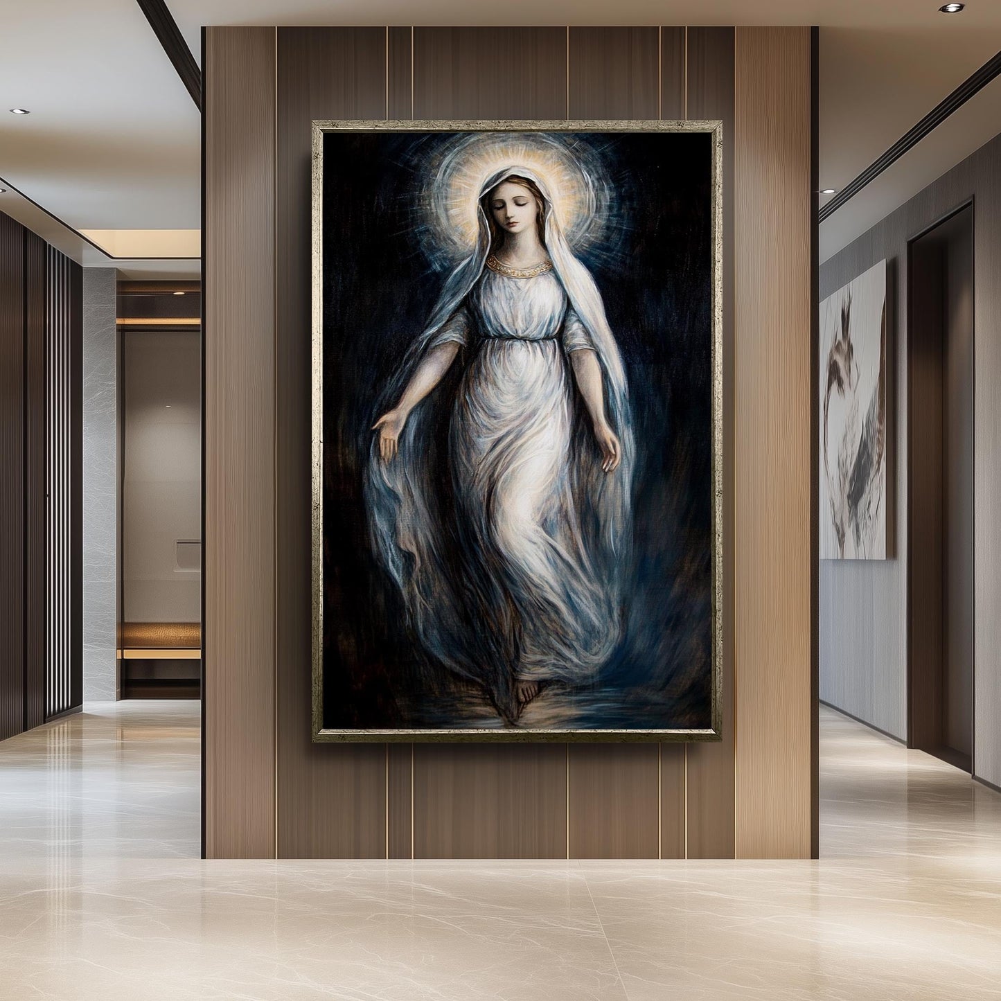 Virgin Mary Canvas Art: Ethereal Catholic Painting with Radiant Halo