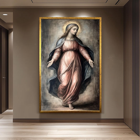 Classic Virgin Mary Painting in Flowing Rose Gown with Golden Halo, Catholic Renaissance Style Canvas Art for Prayer Room or Sacred Decor
