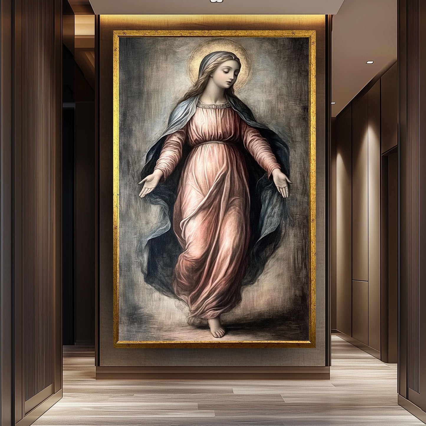 Classic Virgin Mary Painting in Flowing Rose Gown with Golden Halo, Catholic Renaissance Style Canvas Art for Prayer Room or Sacred Decor