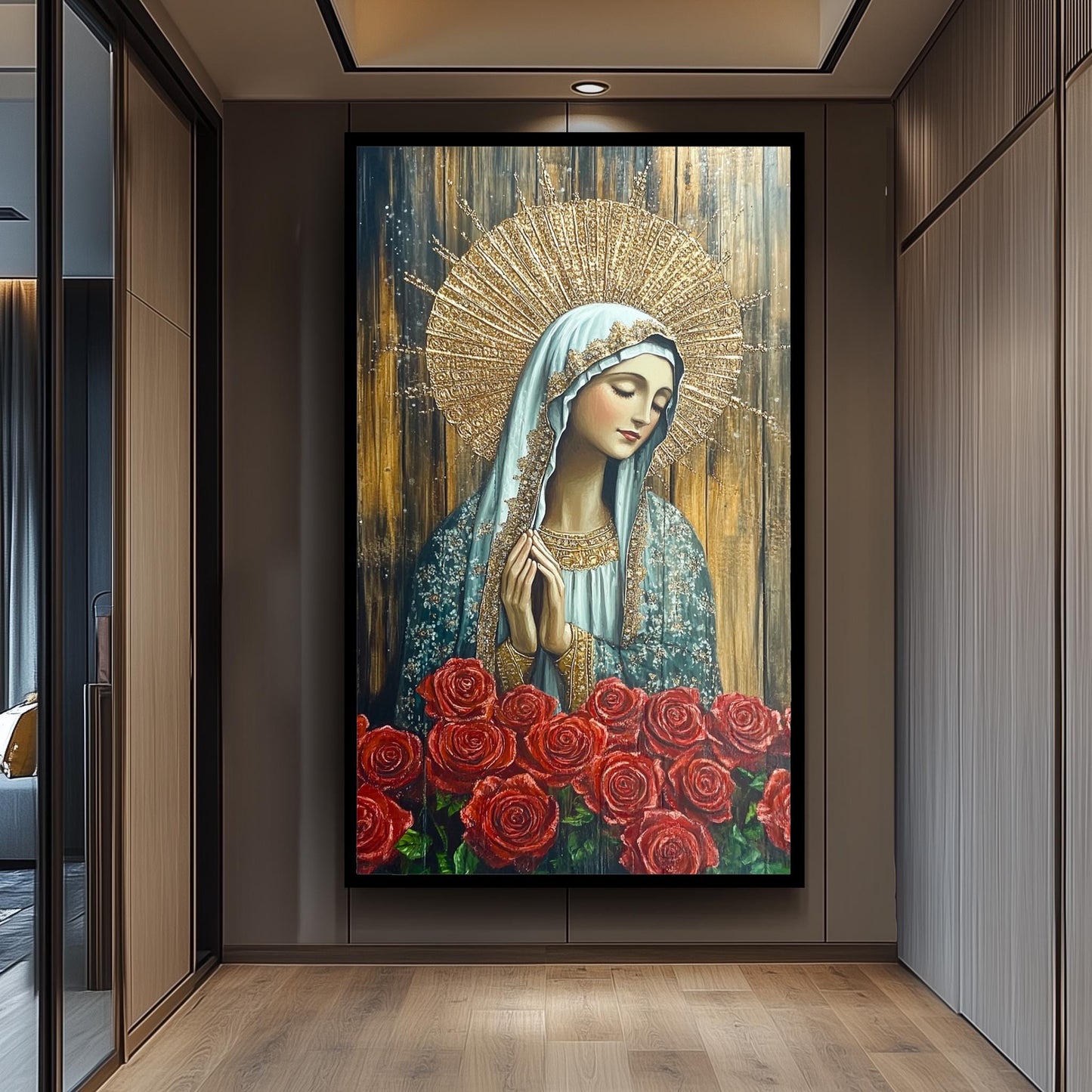 Virgin Mary Painting with Red Roses and Gold Halo, Ornate Catholic Canvas Art for Prayer Room, Spiritual Gift or Religious Home Decor