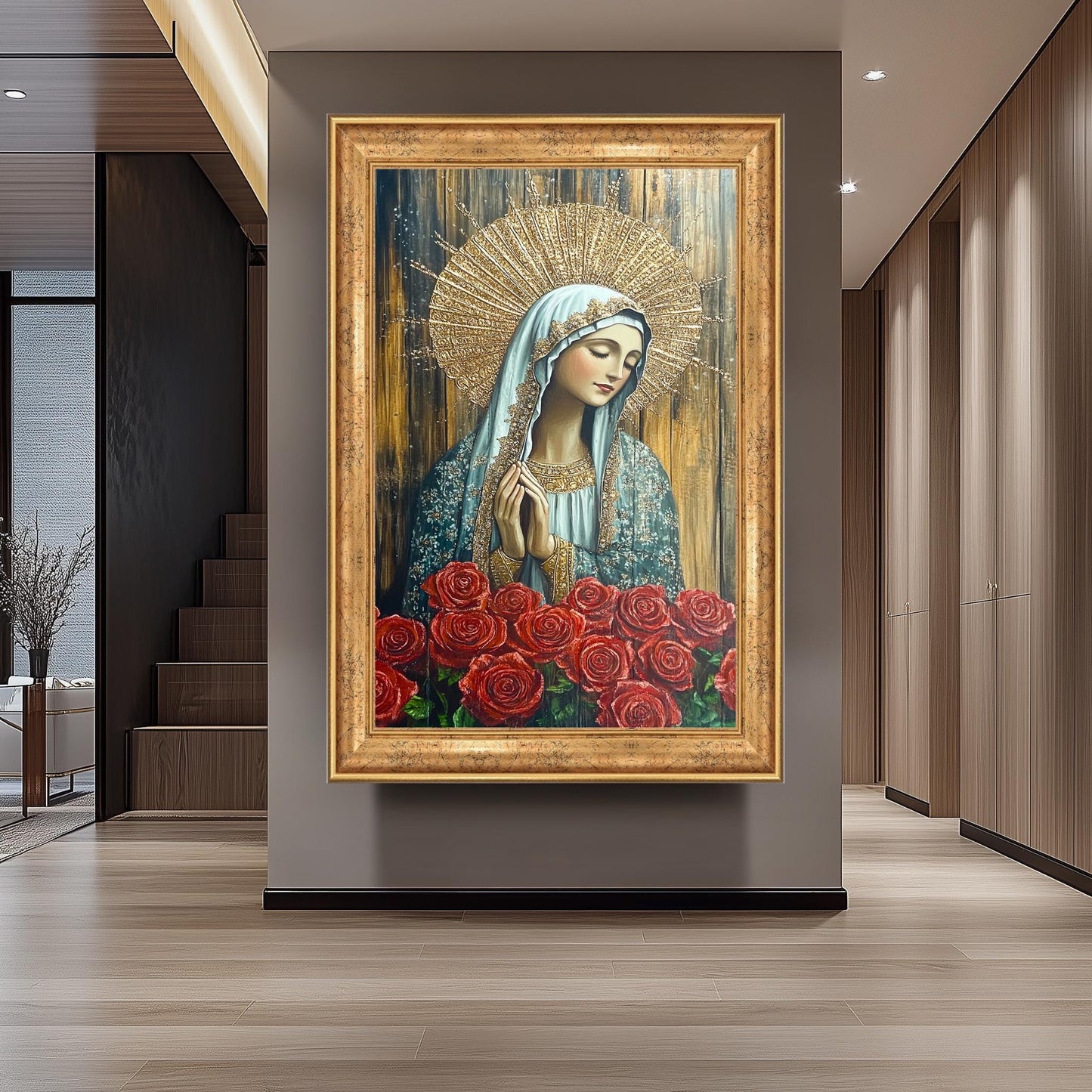 Virgin Mary Painting with Red Roses and Gold Halo, Ornate Catholic Canvas Art for Prayer Room, Spiritual Gift or Religious Home Decor