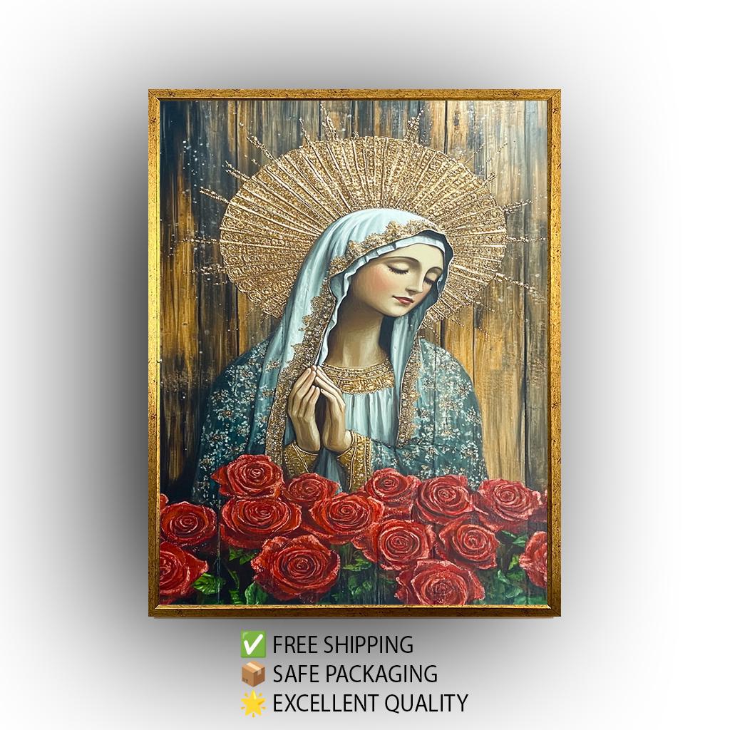 Virgin Mary Painting with Red Roses and Gold Halo, Ornate Catholic Canvas Art for Prayer Room, Spiritual Gift or Religious Home Decor