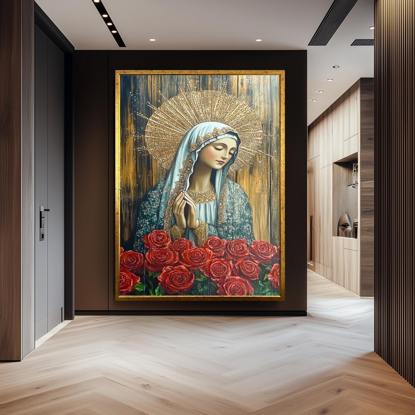Virgin Mary Painting with Red Roses and Gold Halo, Ornate Catholic Canvas Art for Prayer Room, Spiritual Gift or Religious Home Decor