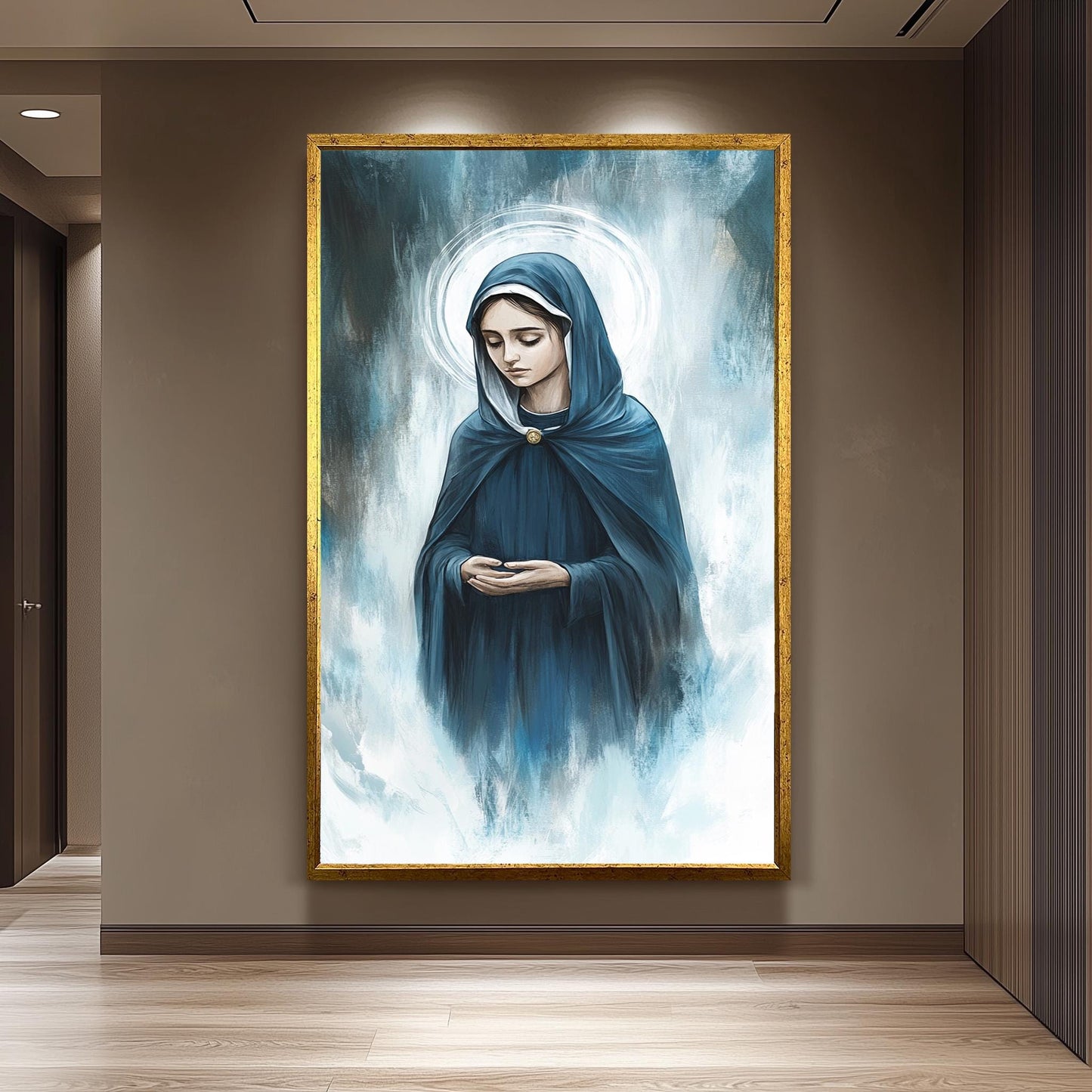 Contemporary Virgin Mary Painting in Blue Cloak with Radiant Halo, Serene Spiritual Canvas Art for Catholic Home or Prayer Room Decor