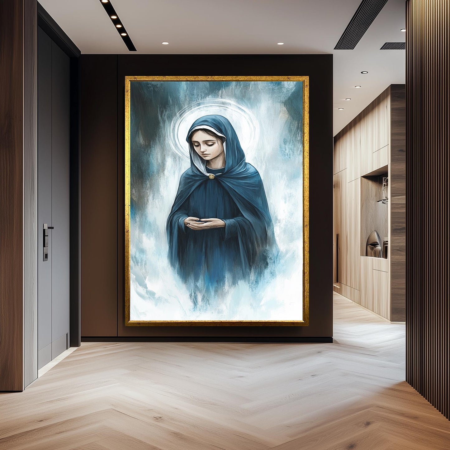 Contemporary Virgin Mary Painting in Blue Cloak with Radiant Halo, Serene Spiritual Canvas Art for Catholic Home or Prayer Room Decor