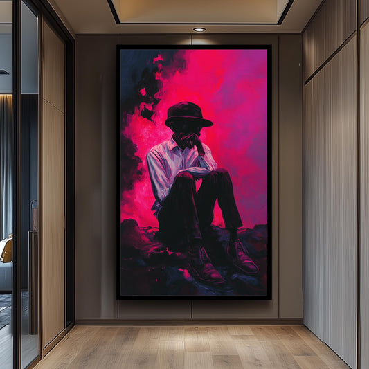 Surreal Moody Wall Art of Pensive Man in Hat Sitting Against Vibrant Pink and Purple Smoke | Emotional Expressionist Portrait Print, Man Art