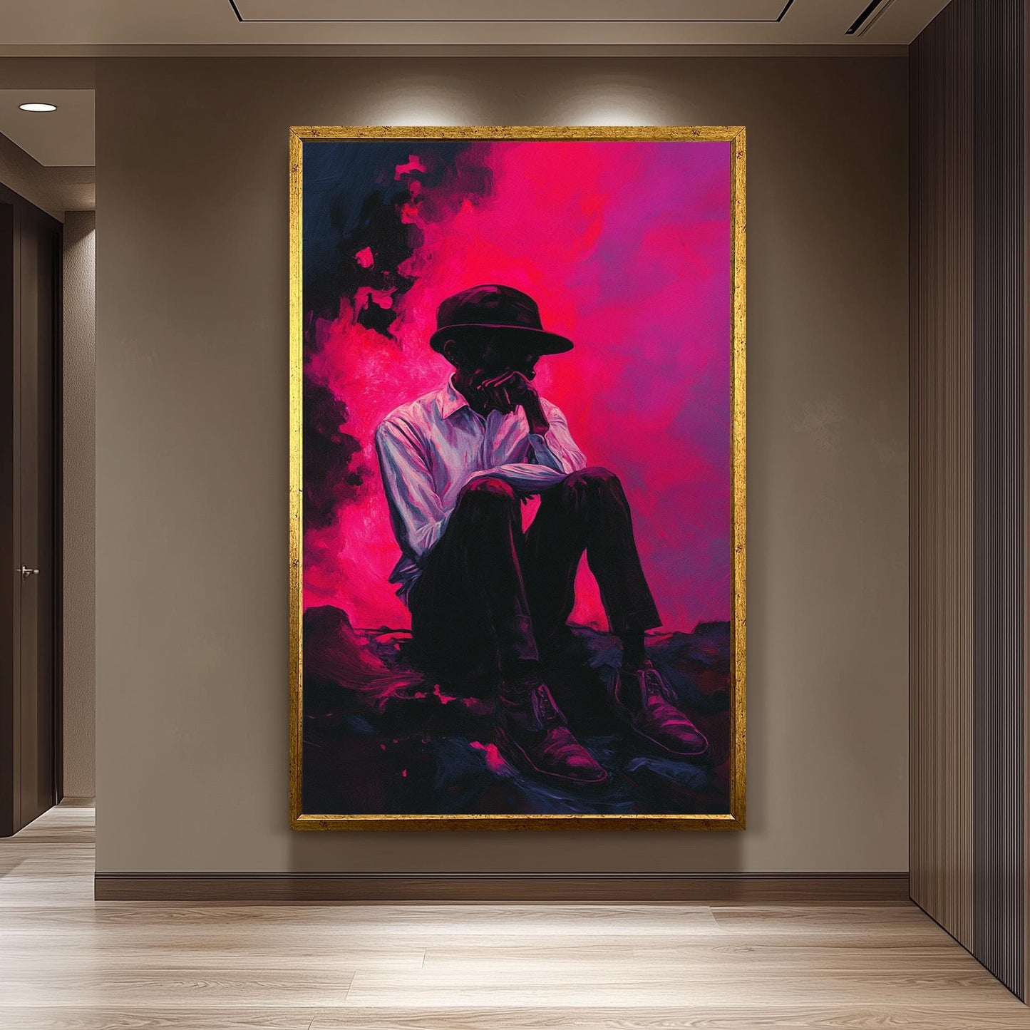 Surreal Moody Wall Art of Pensive Man in Hat Sitting Against Vibrant Pink and Purple Smoke | Emotional Expressionist Portrait Print, Man Art