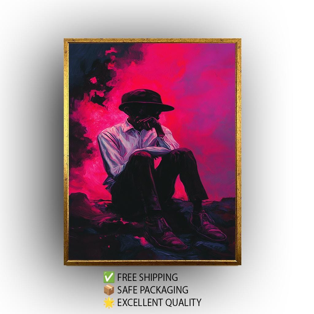 Surreal Moody Wall Art of Pensive Man in Hat Sitting Against Vibrant Pink and Purple Smoke | Emotional Expressionist Portrait Print, Man Art