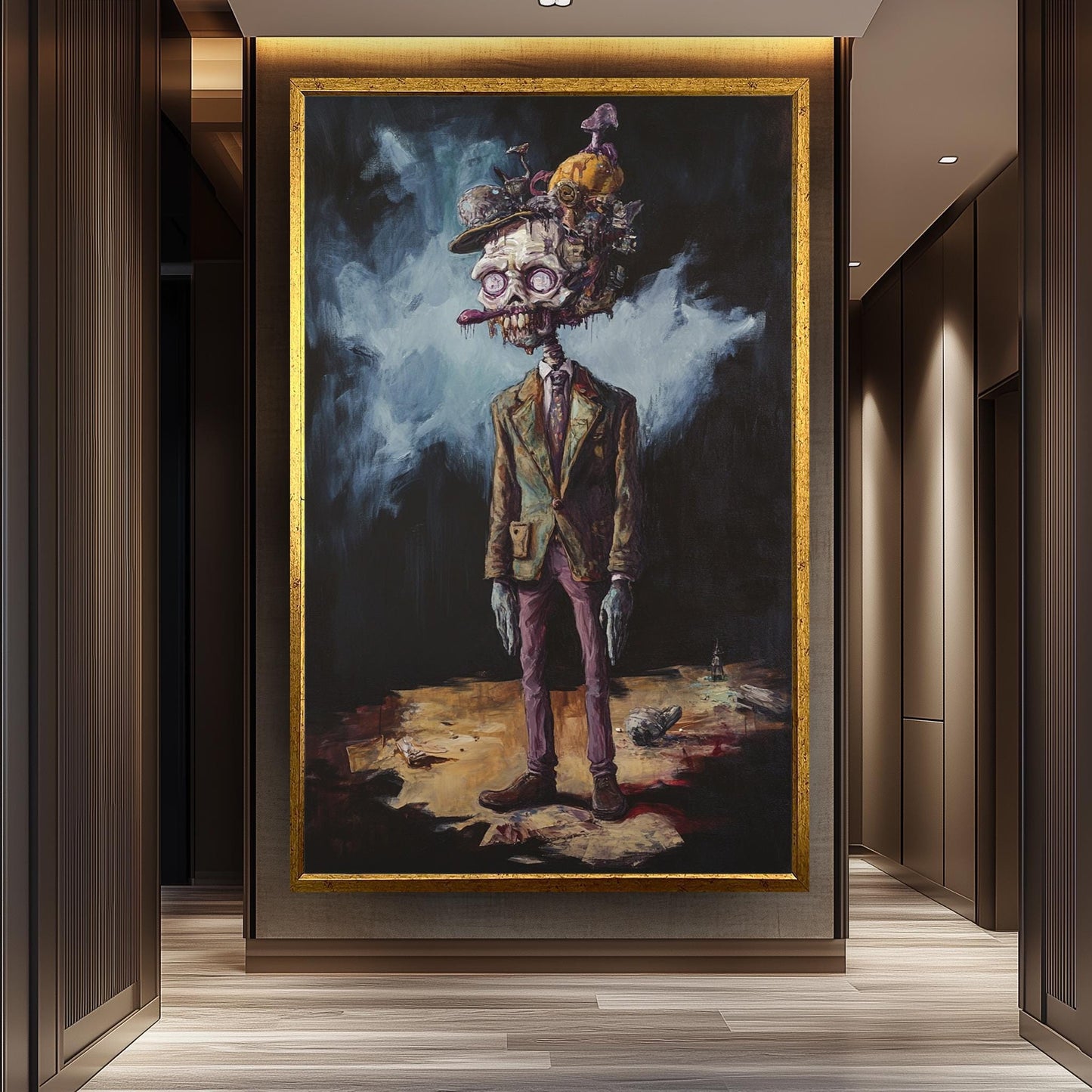 Creepy Surreal Zombie Gentleman Wall Art with Mushrooms and Trash Pile Head | Dark Fantasy Undead Character Painting for Horror Decor