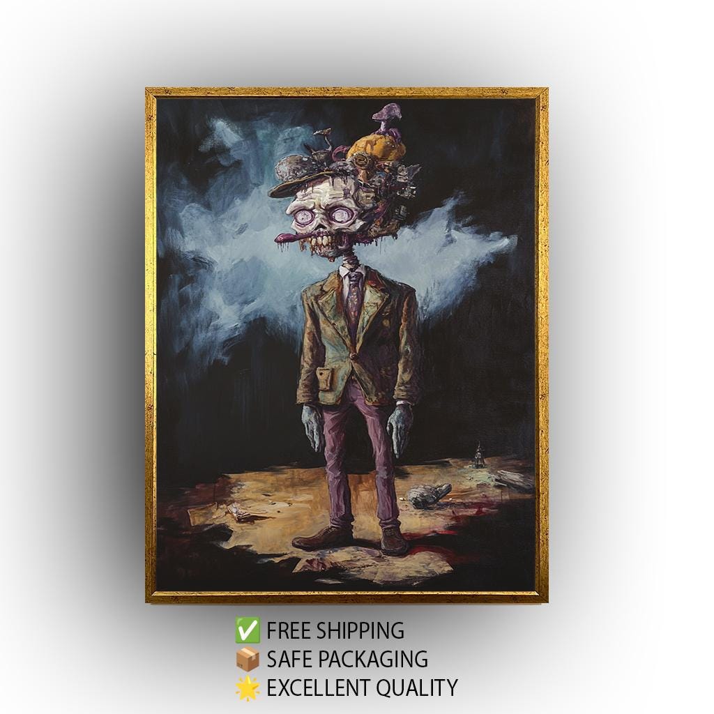 Creepy Surreal Zombie Gentleman Wall Art with Mushrooms and Trash Pile Head | Dark Fantasy Undead Character Painting for Horror Decor