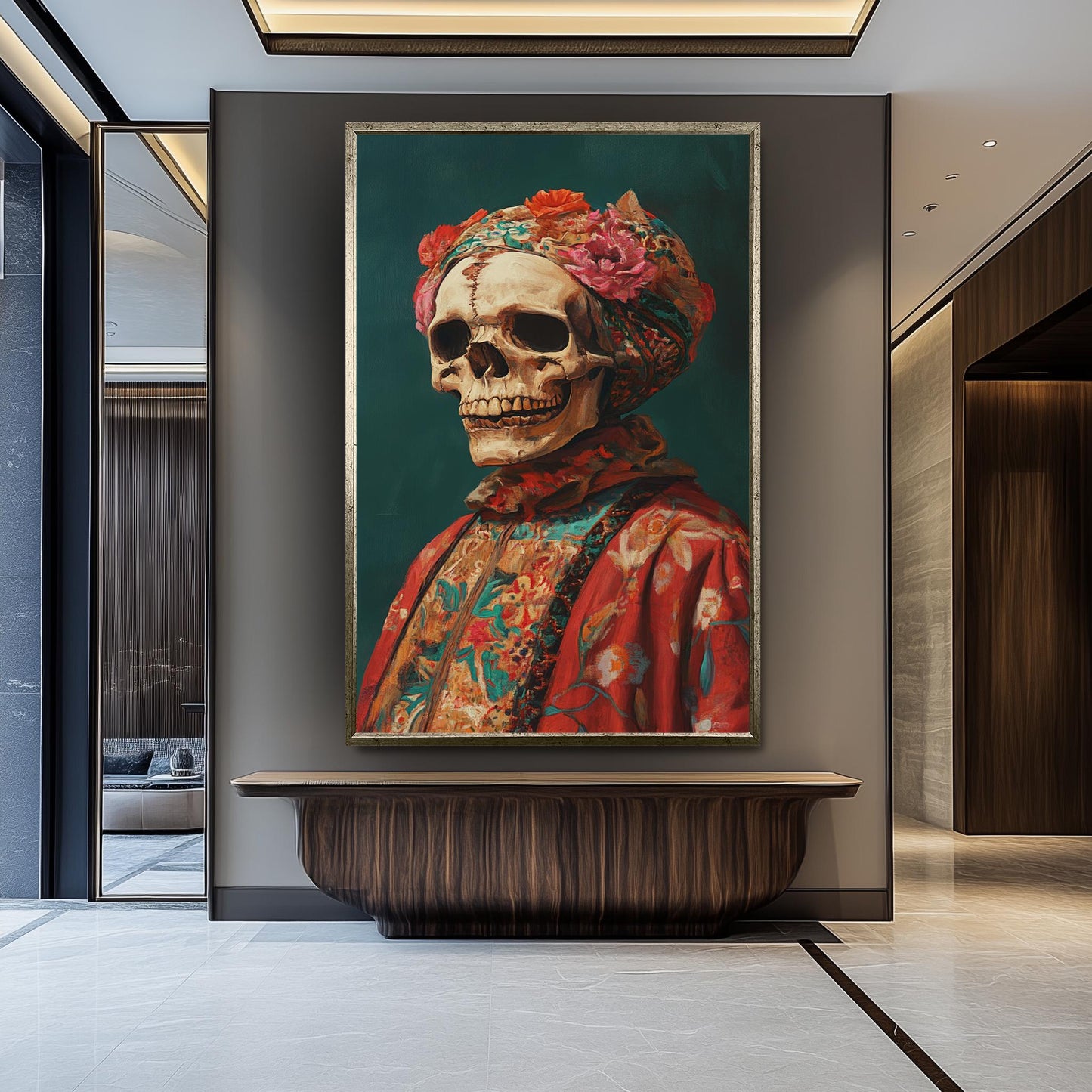 Surreal Skull Portrait Art in Vibrant Floral Clothing and Headwrap | Colorful Day of the Dead Inspired Skeleton Painting Print, Skull Art