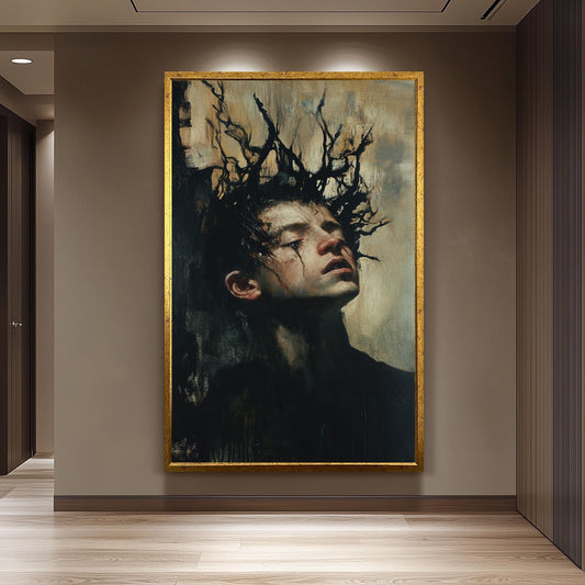 Dark Surreal Boy Portrait: Expressionist Fantasy Painting Print