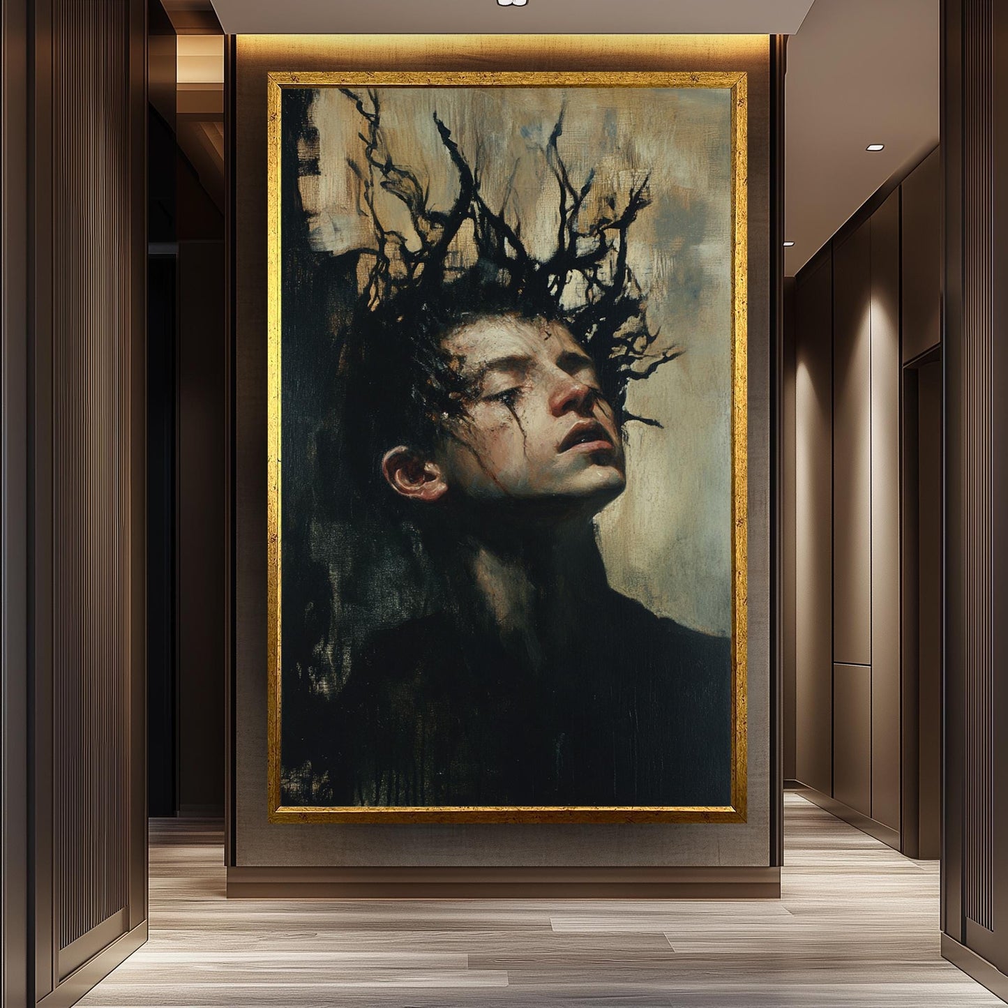 Dark Surreal Boy Portrait: Expressionist Fantasy Painting Print