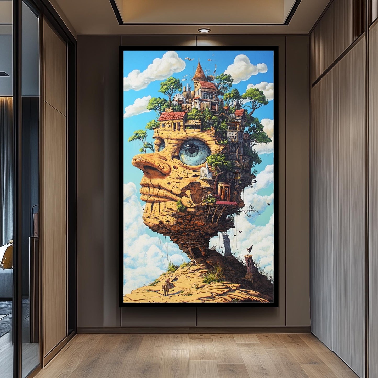 Surreal Stone Face Canvas Art: Fantasy Architecture Landscape Print