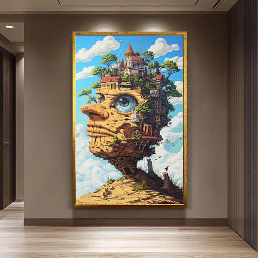 Surreal Stone Face Canvas Art: Fantasy Architecture Landscape Print