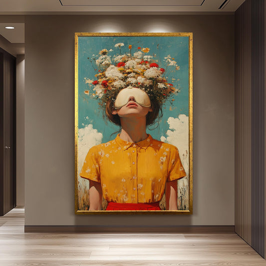 Surreal Whimsical Wall Art of Woman in Yellow Dress with Eye Mask and Blooming Flowers for Hair | Dreamy Floral Fantasy Portrait Print