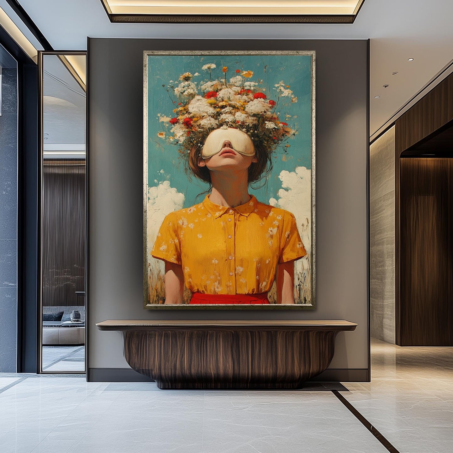 Surreal Whimsical Wall Art of Woman in Yellow Dress with Eye Mask and Blooming Flowers for Hair | Dreamy Floral Fantasy Portrait Print