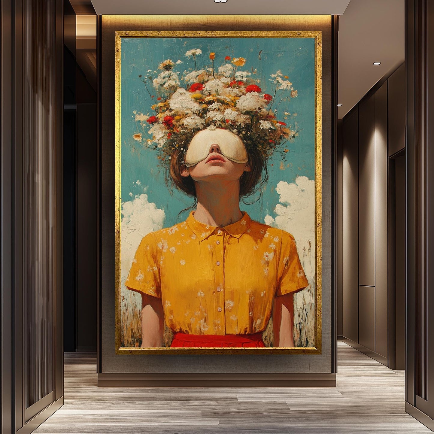Surreal Whimsical Wall Art of Woman in Yellow Dress with Eye Mask and Blooming Flowers for Hair | Dreamy Floral Fantasy Portrait Print