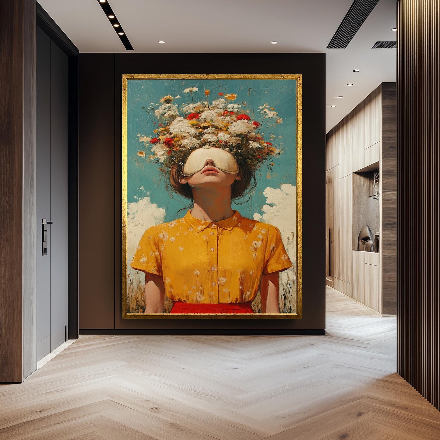 Surreal Whimsical Wall Art of Woman in Yellow Dress with Eye Mask and Blooming Flowers for Hair | Dreamy Floral Fantasy Portrait Print