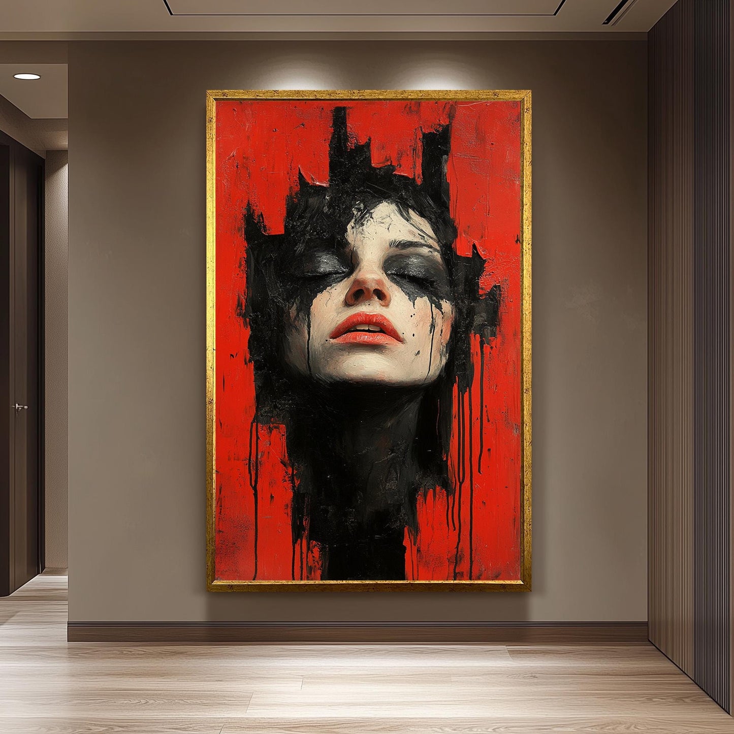 Dark Surreal Portrait Wall Art of Woman with Black Paint Tears on Red Background | Emotional Gothic Expressionist Painting Print, Dark Print