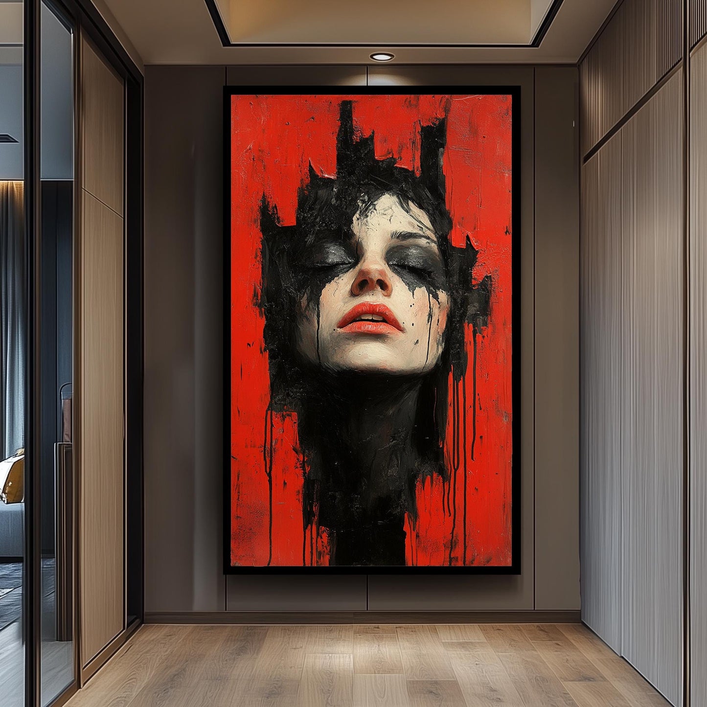 Dark Surreal Portrait Wall Art of Woman with Black Paint Tears on Red Background | Emotional Gothic Expressionist Painting Print, Dark Print