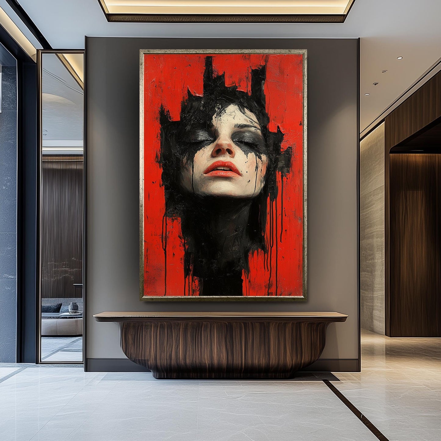 Dark Surreal Portrait Wall Art of Woman with Black Paint Tears on Red Background | Emotional Gothic Expressionist Painting Print, Dark Print