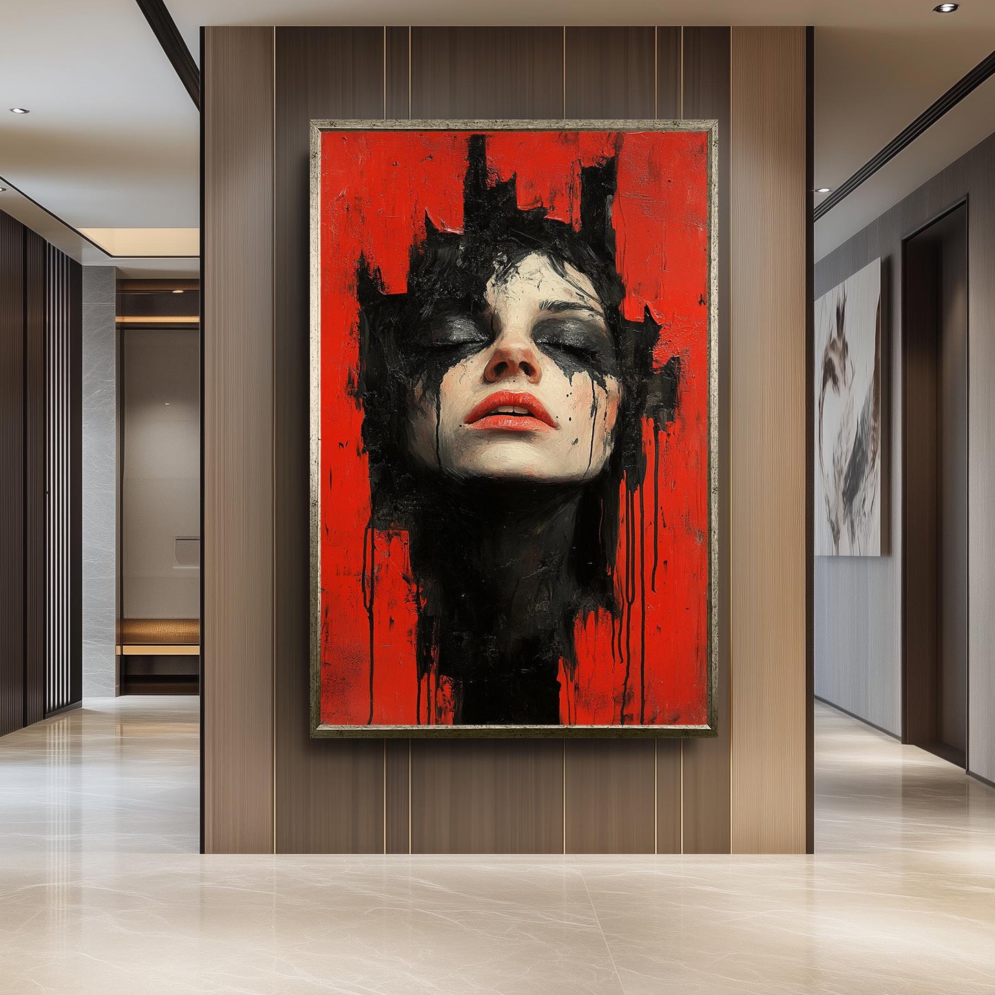 Dark Surreal Portrait Wall Art of Woman with Black Paint Tears on Red Background | Emotional Gothic Expressionist Painting Print, Dark Print