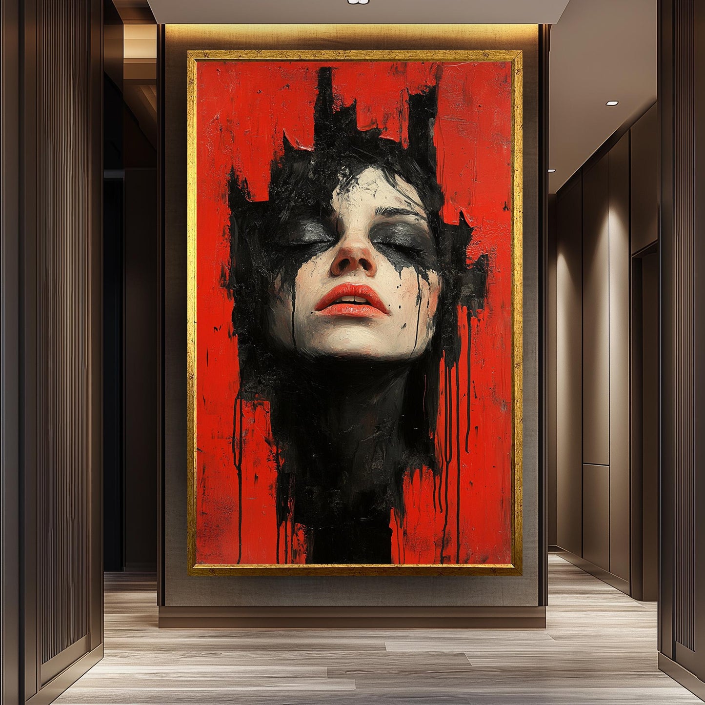 Dark Surreal Portrait Wall Art of Woman with Black Paint Tears on Red Background | Emotional Gothic Expressionist Painting Print, Dark Print